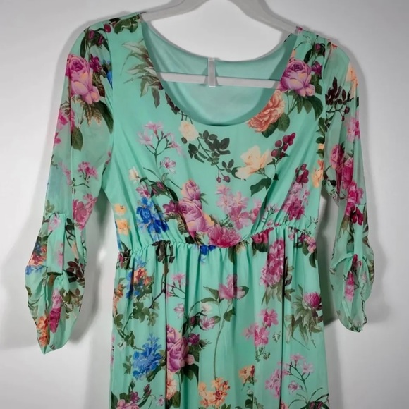 Pink Blush Maternity Dress SzS Mint Green Floral Print Sheer Lined Spring Summer - Picture 2 of 12